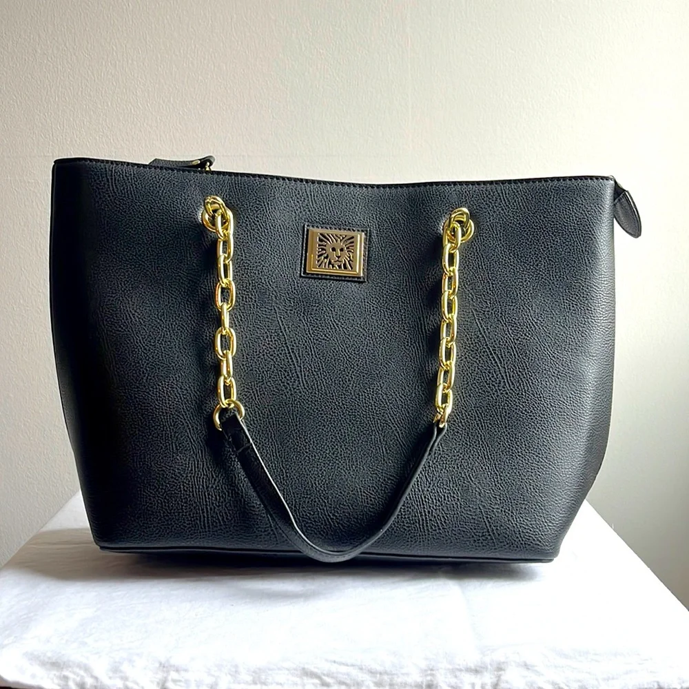 NWT Anne Klein black faux pebbled leather tote with gold hardware
